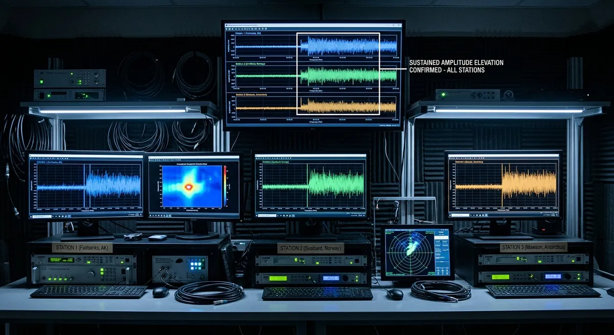 Three Independent Monitoring Stations Confirm Sustained Amplitude Elevation — Unprecedented Coordination of Data